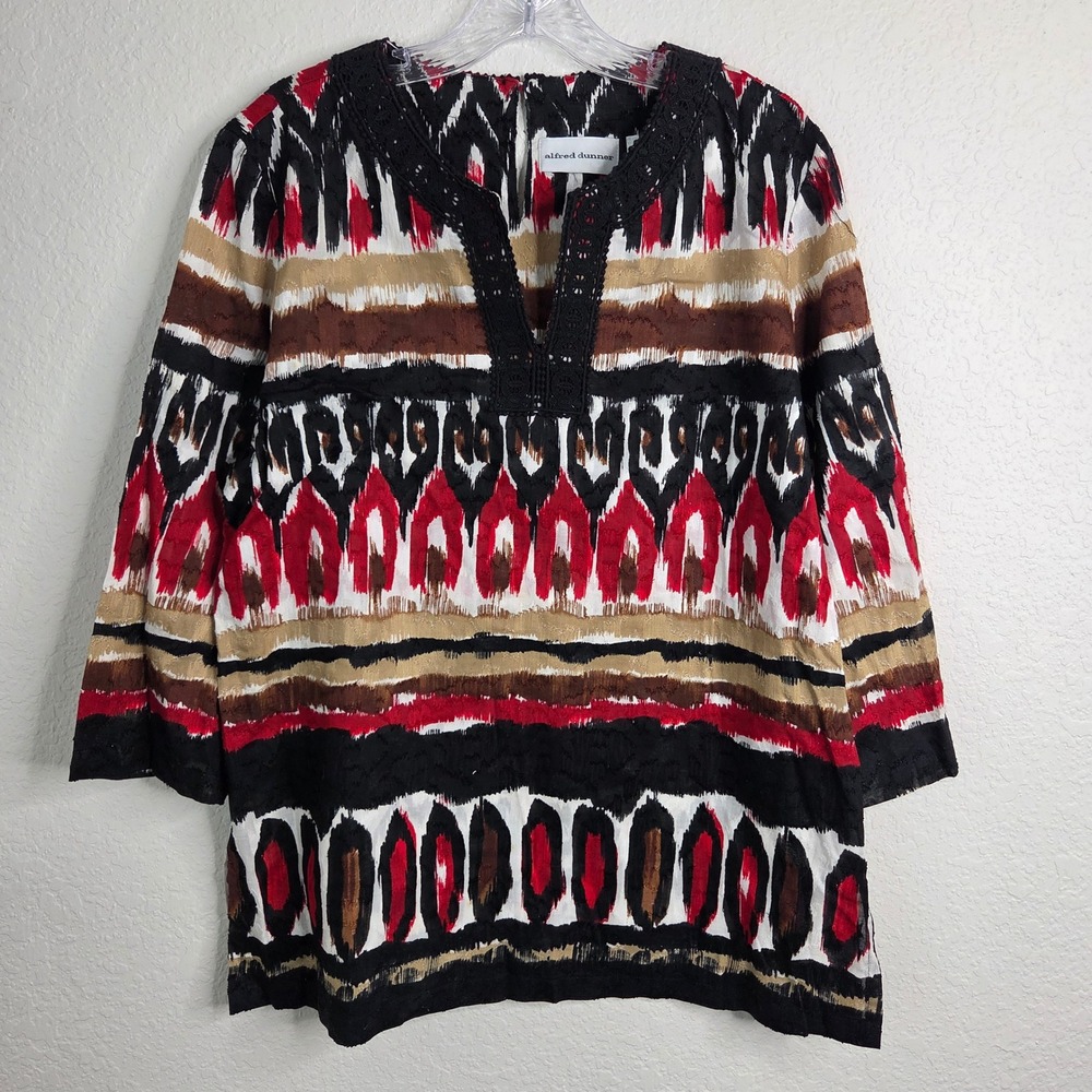 Alfred Dunner Tunic Blouse 12 Red Black Ikat Cotton Art-inspired Eclectic Boho